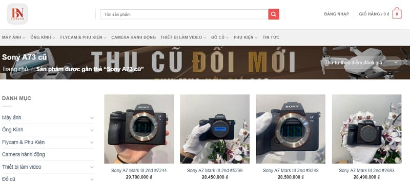 Giá bán các dòng Sony A73 cũ công khai trên website BN Camera