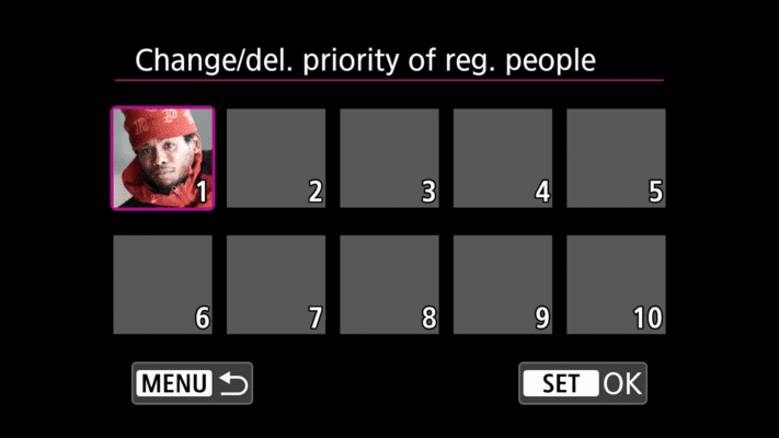 Lần đầu tiên xuất hiện trên dòng EOS 6-series, tính năng Register People Priority (Đăng ký Ưu tiên Người) là một công cụ cực kỳ hữu ích trong môi trường chụp ảnh sự kiện phức tạp