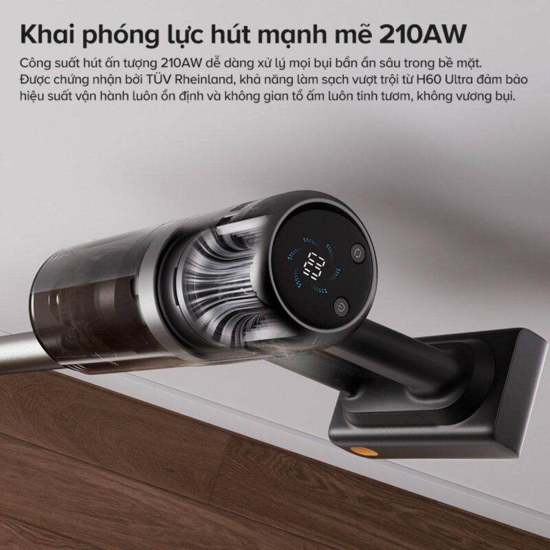 Điểm nổi bật của Roborock H60 Ultra nằm ở lực hút lên đến 210AW, cho khả năng xử lý hiệu quả từ bụi mịn, tóc cho đến các mảnh vụn lớn trên nhiều loại bề mặt