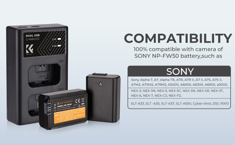 K&F Concept NP-FW50 tương thích hoàn hảo với nhiều dòng máy ảnh Sony