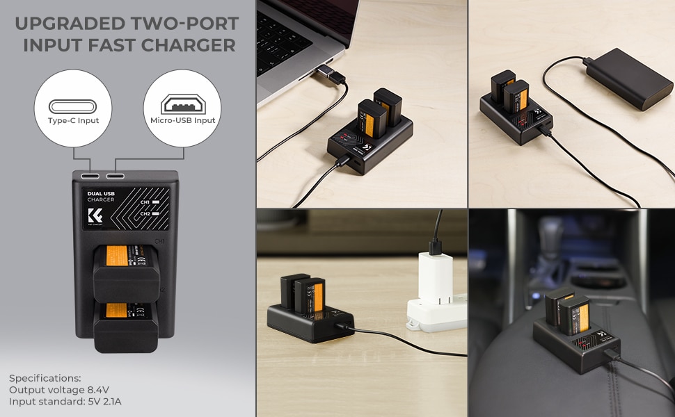 K&F Concept NP-FW50 có Cổng sạc kép Micro USB & Type-C