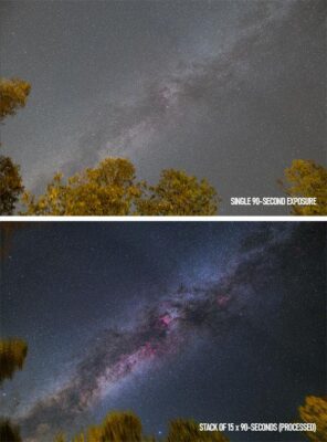 Stacking trong chụp milky way là kỹ thuật chụp nhiều ảnh liên tiếp cùng một bố cục, sau đó căn chỉnh các ngôi sao và kết hợp chúng để giảm noise.
