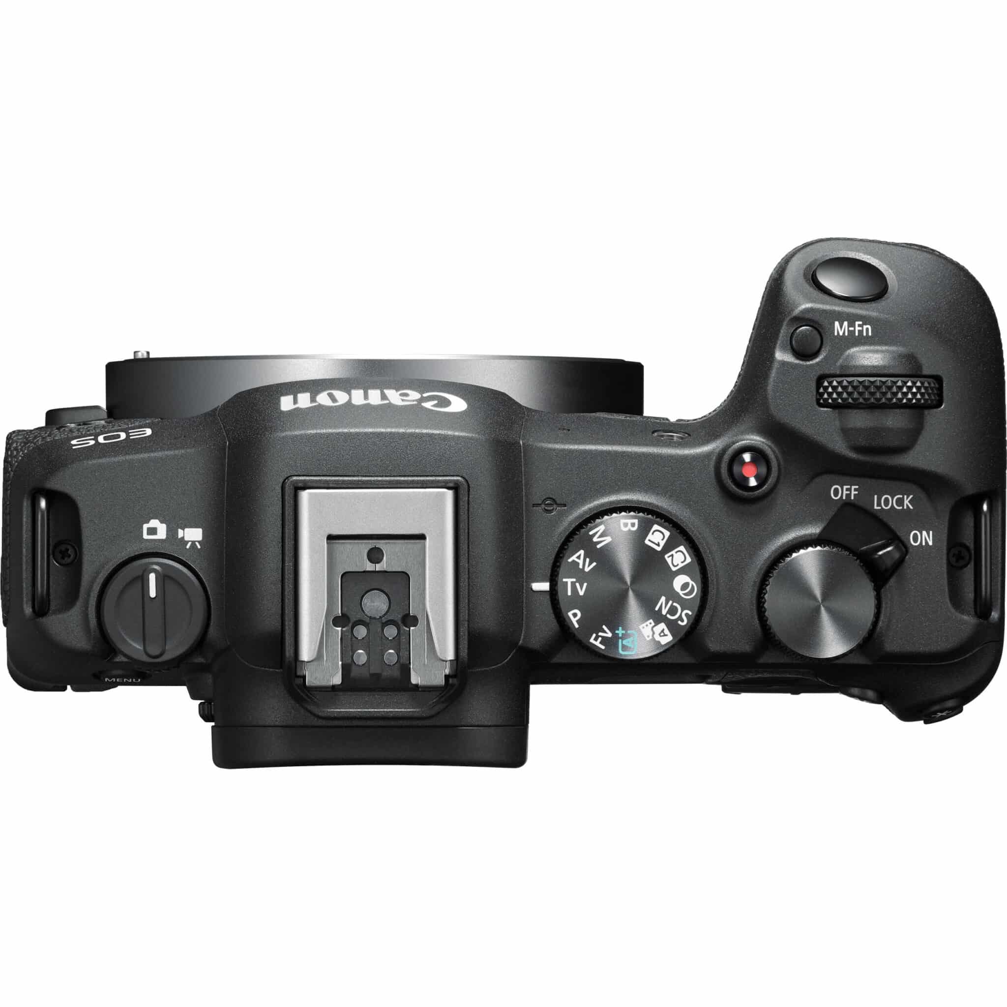 Canon EOS R8 Mark II nhìn từ trên xuống, vòng xoay chế độ và hot shoe
