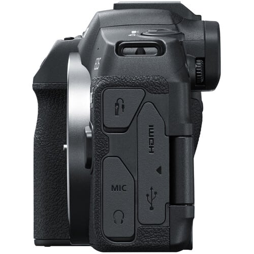 Canon EOS R8 Mark II cạnh trái với cổng mic, tai nghe, USB-C