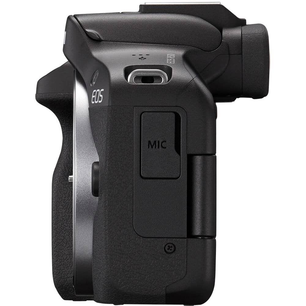 Canon R50 nhìn từ cạnh trái với cổng micro 3,5mm