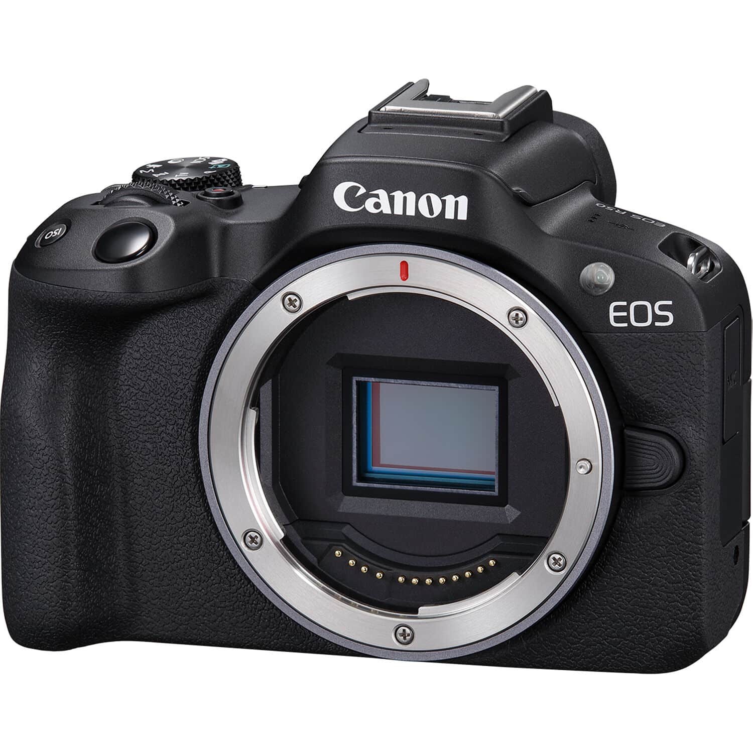 Canon R50 mặt trước tháo ống kính, lộ cảm biến APS-C 24,2MP