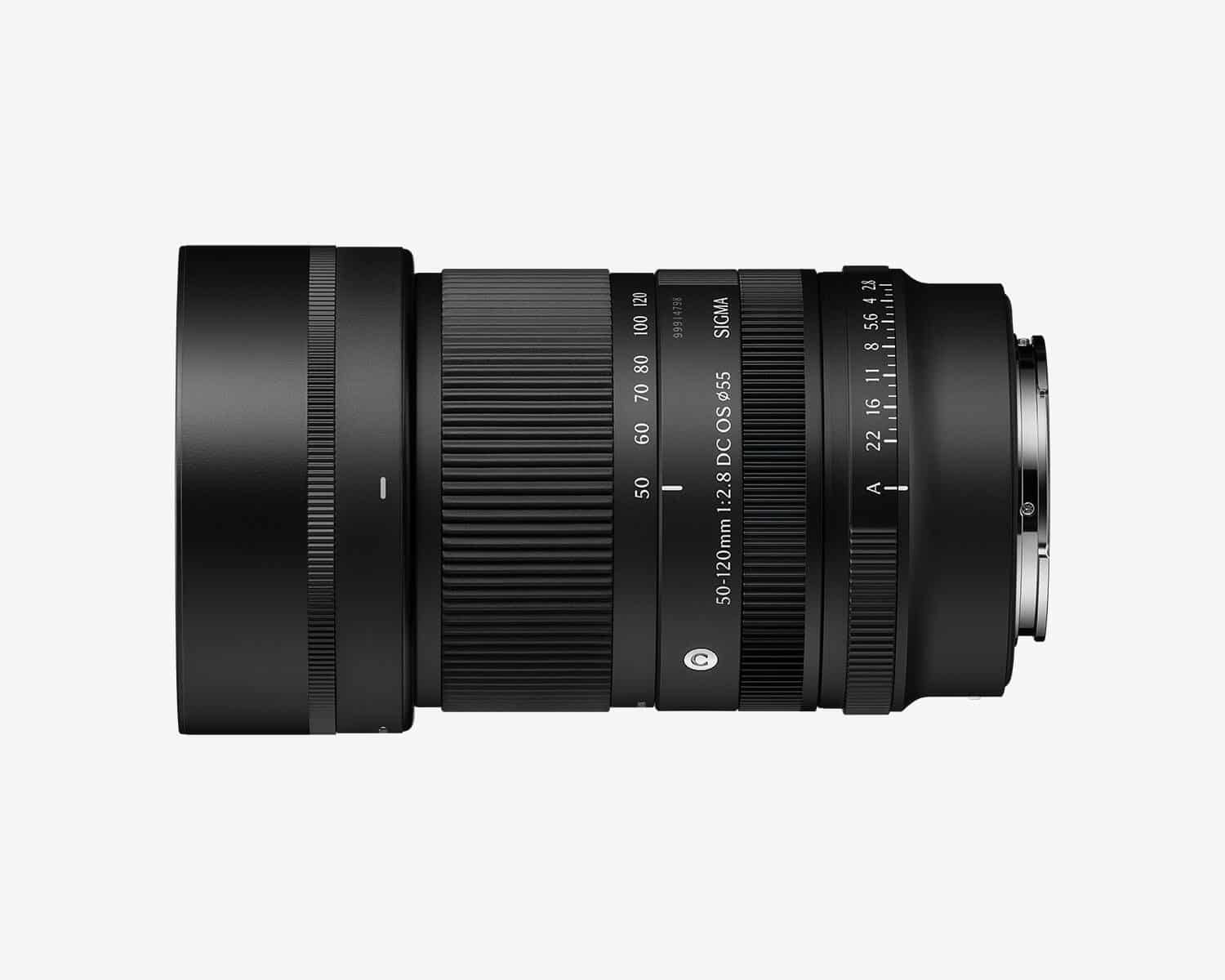 Ảnh sản phẩm Sigma 50-120mm F2.8 DC OS Contemporary trên nền trắng, thiết kế zoom tele nhỏ gọn