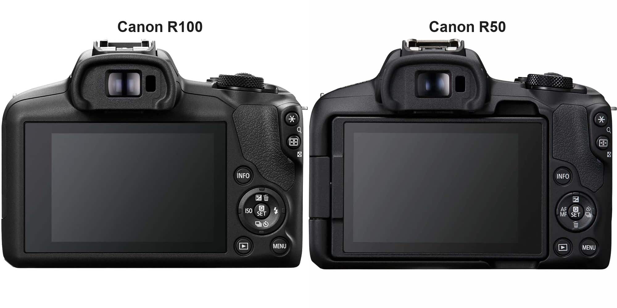 So sánh Canon R100 và R50 mặt sau: màn hình cố định trên R100, màn hình xoay lật trên R50